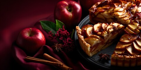 Slices of Freshly Baked Apple Pie with Cinnamon Sticks and Red Apples perfect for autumn dessert menus, holiday food photography, bakery advertising, seasonal recipe blogs and festive dining promotion