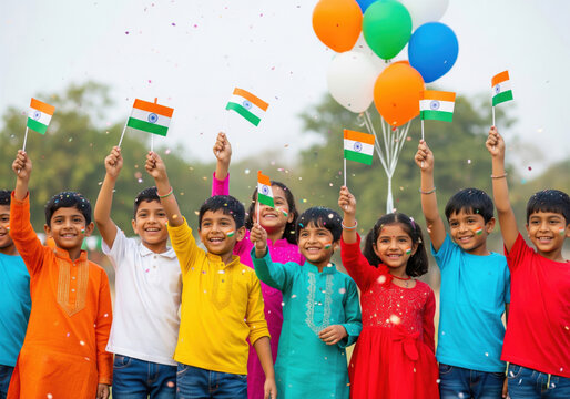 A group of children dressed in colorful traditional outfits celebrate outdoors, joyfully waving Indian flags with balloons and confetti, creating a festive atmosphere.