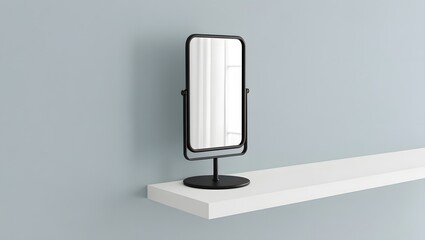 Modern black framed tabletop mirror on a white shelf against a gray wall