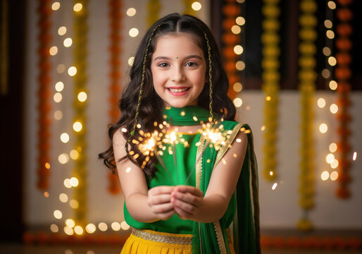 Indian little girl holding firecrackers - Powered by Adobe