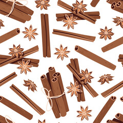 Cinnamon and Star Anise Seamless Pattern Flat Vector. Cozy Spice Background for Cafe Branding, Food Packaging, Seasonal Product. Endless Texture for Textile, Wallpaper, Wrapping Paper. Autumn Design
