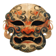 Traditional mask art display cultural festival digital illustration vibrant colors eye-level perspective cultural heritage