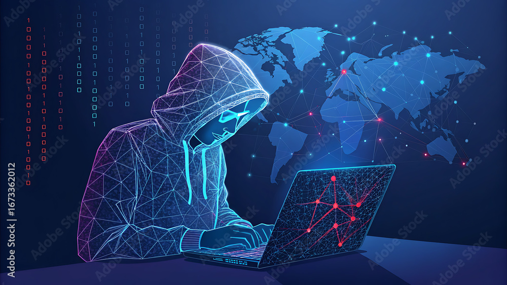 Fototapete hacker at laptop with wireframe world map and binary code background cybercrime technology