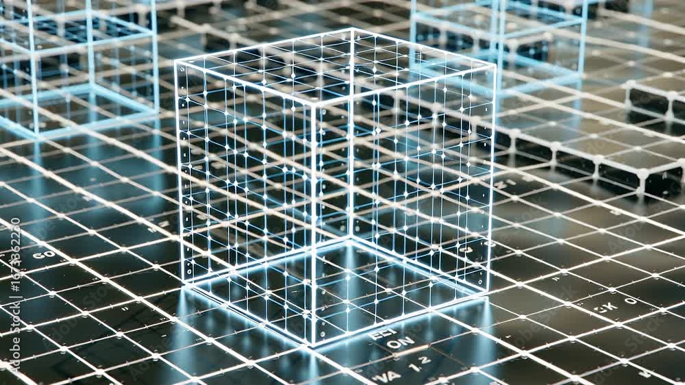 Poster futuristic 3d grid structures in virtual space with transparent grids and digital lines for high-tec