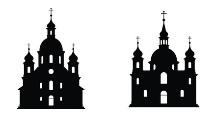 Silhouette of two churches with domes and crosses on white background
