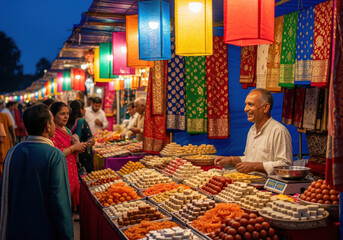 A vibrant Indian marketplace at night is filled with colorful lanterns, traditional textiles, and an array of sweets, as people shop and interact with vendors during a festival