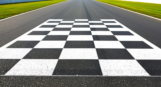 Close up view of a black and white checkered finish line on a paved asphalt race track with green grass on either side - Powered by Adobe