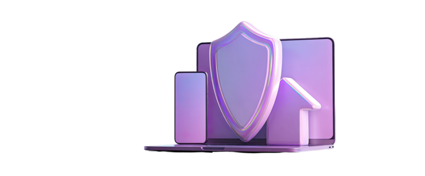 3D illustration of a shield over a laptop with data graphics.  A light purple hue symbolizes security and data protection