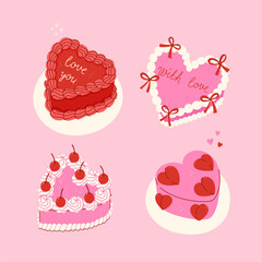 Set of heart shaped cakes in pink and red colors. Vector graphics.