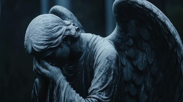 Weathered Stone Angel Statue Leaning on a Gravestone in a Cemetery 
