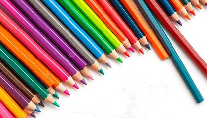 Fototapeta premium Vibrant colored pencils arranged neatly on white background , art supplies background, design