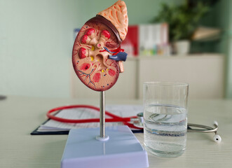 Detailed anatomical model of a human kidney displayed alongside a glass of water