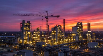 Industrial Plant at Twilight with Illuminated Buildings and Crane under Colorful Sky	