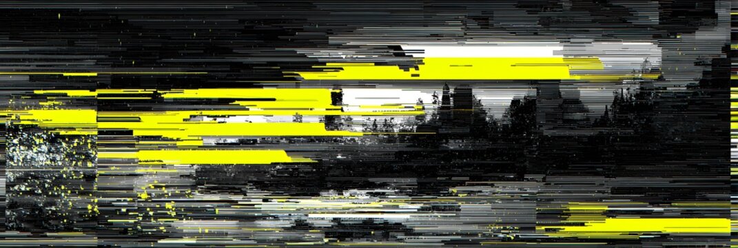  Futuristic glitch art with distorted black and white textures and neon yellow digital noise, abstract cyberpunk background for technology design