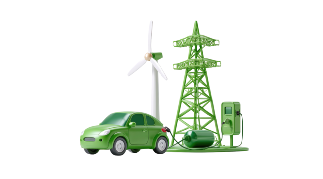 Green electric car, wind turbine, and power tower