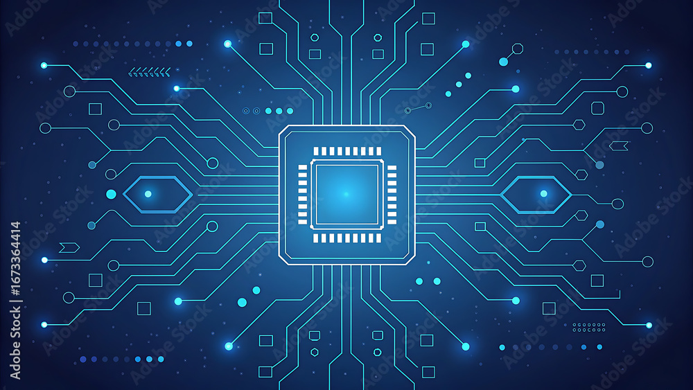 Aufkleber central cpu chip with connected circuitry and glowing blue lights processor computer