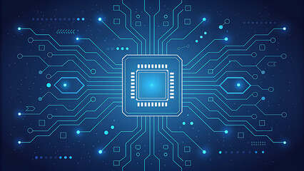 Central CPU Chip with Connected Circuitry and Glowing Blue Lights processor computer
