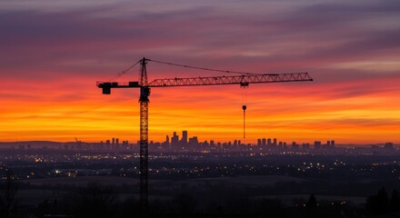 Crane Silhouette Against Sunset Over City And Landscape
