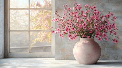 Beautiful Pink Flowers in Vase Near Bright Window in Soft Light