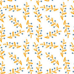 Winter seamless pattern with orange branches and blue berries on white background for festive decoration and seasonal projects