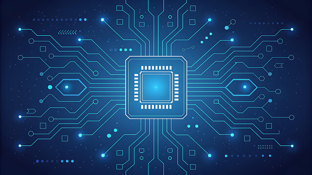 Central CPU Chip with Connected Circuitry and Glowing Blue Lights processor computer