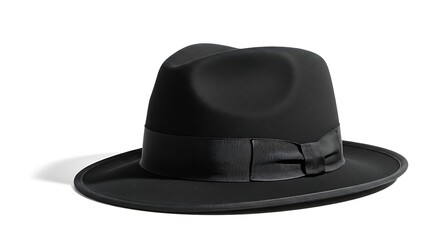 A black fedora hat, angled, sits against a plain white background.