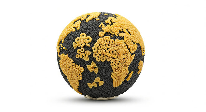 Creative 3D globe sphere made entirely from macaroni pasta symbolizing international food culture and culinary diversity