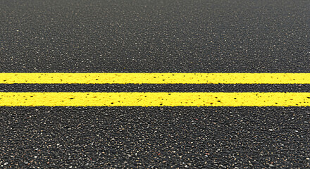 Close up view of a textured asphalt road surface with two bright yellow parallel lane divider lines indicating traffic direction and safety