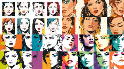 Stylish pop art illustration set of women faces with bold colors and modern fashion aesthetics. Perfect for posters, magazines, design, and contemporary artwork.