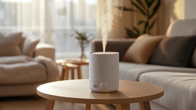 A modern air humidifier operating in a stylish contemporary room creating a comfortable indoor atmosphere