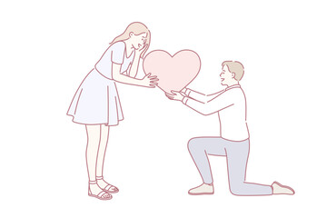 Love, romance and dating concept. Young happy smiling loving Man and woman connecting halves of big red heart feeling in love vector illustration