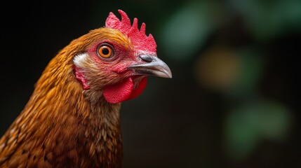 Close-up of a healthy free-range chicken in a bamboo grove, head and torso, standing alert
