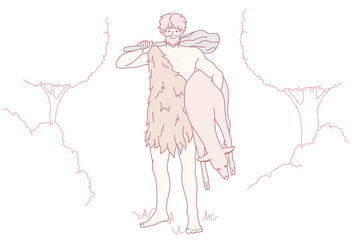 A proud caveman with a heavy club and animal prey, in simple attire, set in a lush forest, evokes ancient times