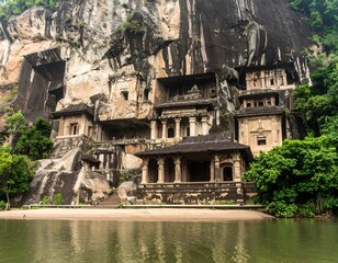 Ancient cave temples by a river
