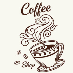 Vector art of vintage coffee cup with swirling steam and coffee beans design