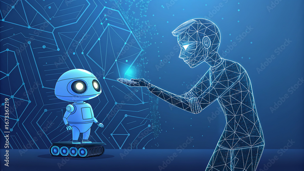 Poster humanoid figure presenting a small robot with a glowing light artificial intelligence