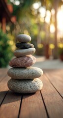 Stacked stones on a wooden surface, tranquil garden setting