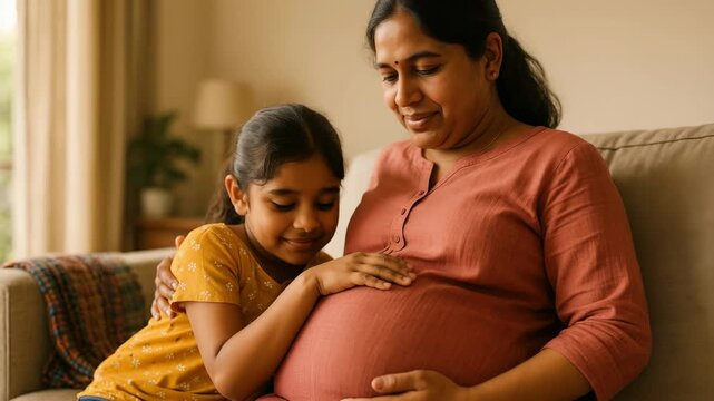 Warm, intimate video scene of a mother and daughter on a couch, captured from a side angle, highlighting their joyful expressions and bond.