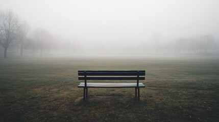 Minimalist lone bench in a foggy, empty park