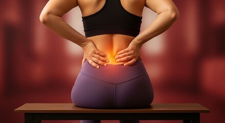 Womans Lower Back Pain - Hands Pressing on Aching Muscles, Health Issue.