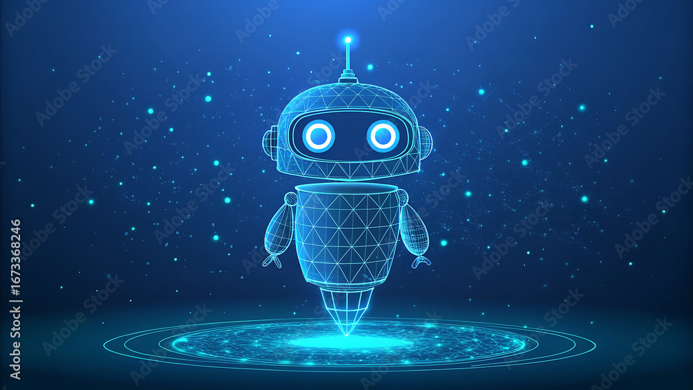 Poster futuristic blue wireframe robot with glowing eyes on digital platform android