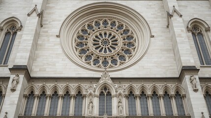 Obraz premium Gothic cathedral facade with ornate rose window and pointed arch stained glass windows, showcasing intricate medieval architecture, stone craftsmanship, and historic religious design elements.