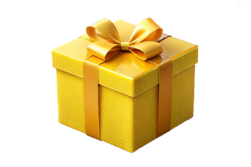 Realistic yellow gift box with ribbon tied in a bow isolated for celebration design transparent background