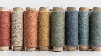 Top-down view of antique wooden thread spools arranged in neat rows on a clean white background