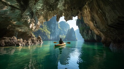 Kayaker paddling through a sunlit emerald sea cave in Ha Long Bay, Vietnam