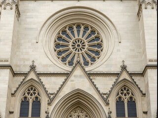 Obraz premium Gothic cathedral facade with ornate rose window and pointed arch stained glass windows, showcasing intricate medieval architecture, stone craftsmanship, and historic religious design elements.