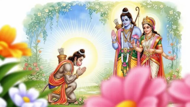 Devotional Illustration of Hanuman Bowing Before Rama and Sita Amidst a Floral Landscape, Emphasizing Faith and Reverence in Traditional Indian Art Style