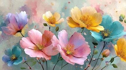 Vibrant watercolor painting of blooming flowers in various pastel colors, creating a soft, artistic, and cheerful floral composition