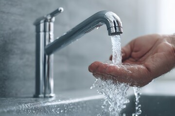 Tap in a modern kitchen with water flowing from stainless steel faucet into cupped hand.