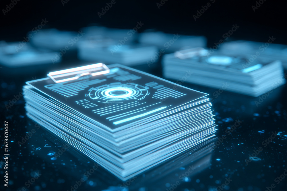 Poster stack of glowing digital documents futuristic data papers technology